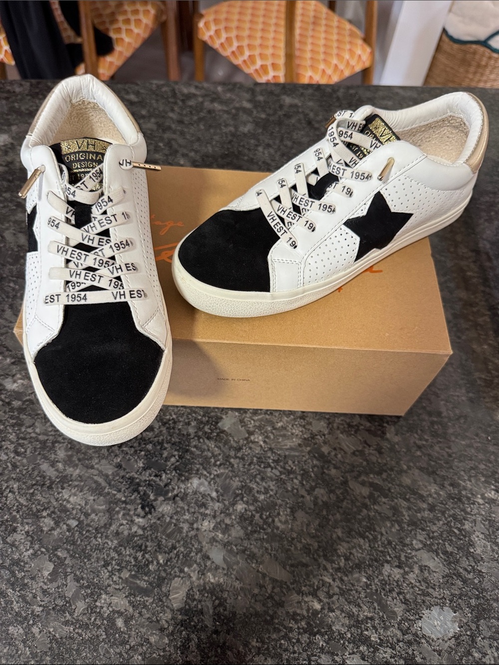 Vintage Havana White and Black Star Accent Sneakers